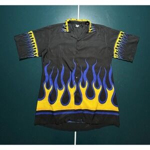 Vintage American Biker Shirt Mens XL Button Up Black Y2K 90s Blue Flames Grunge
